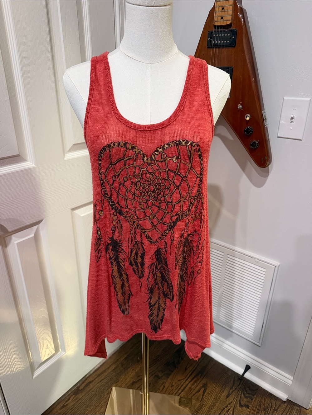Robin K Coral-Red Tank with Black & Gold Dreamcatcher Heart